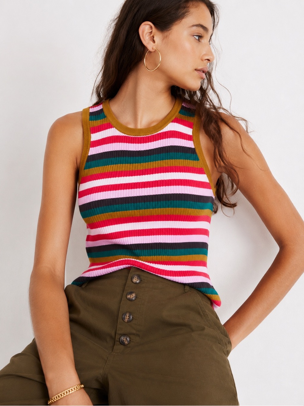 Madewell Bayford Striped Ribbed Sweater Tank XS Pink Green Retro Knit